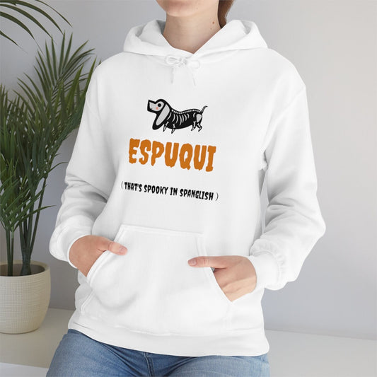 Espuqui Spooky White Halloween Hoodie | Spanglish, Latinx, Latino, Hispanic, Caribbean, Puerto Rican, Miami | Spanish Quotes, Dichos