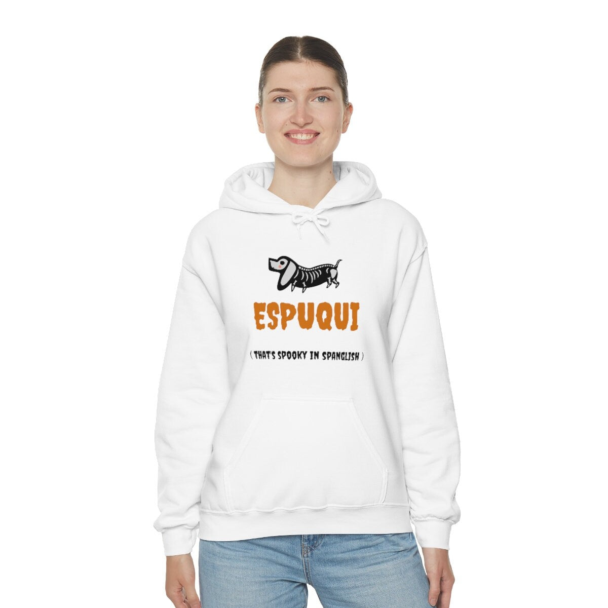 Espuqui Spooky White Halloween Hoodie | Spanglish, Latinx, Latino, Hispanic, Caribbean, Puerto Rican, Miami | Spanish Quotes, Dichos