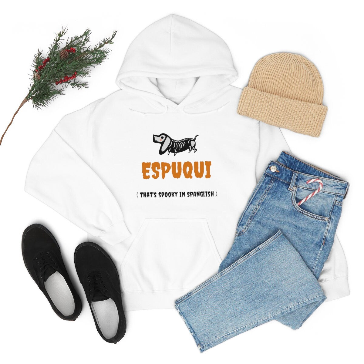 Espuqui Spooky White Halloween Hoodie | Spanglish, Latinx, Latino, Hispanic, Caribbean, Puerto Rican, Miami | Spanish Quotes, Dichos